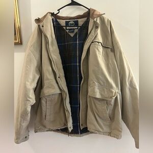 Vintage Woodlake Men’s Chore Coat Beige Jacket XL Leather Trip Flannel Lining